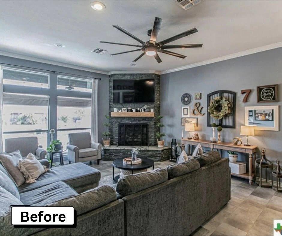 Before — living room with gray walls, small tile, and dark stone fireplace, Belton TX