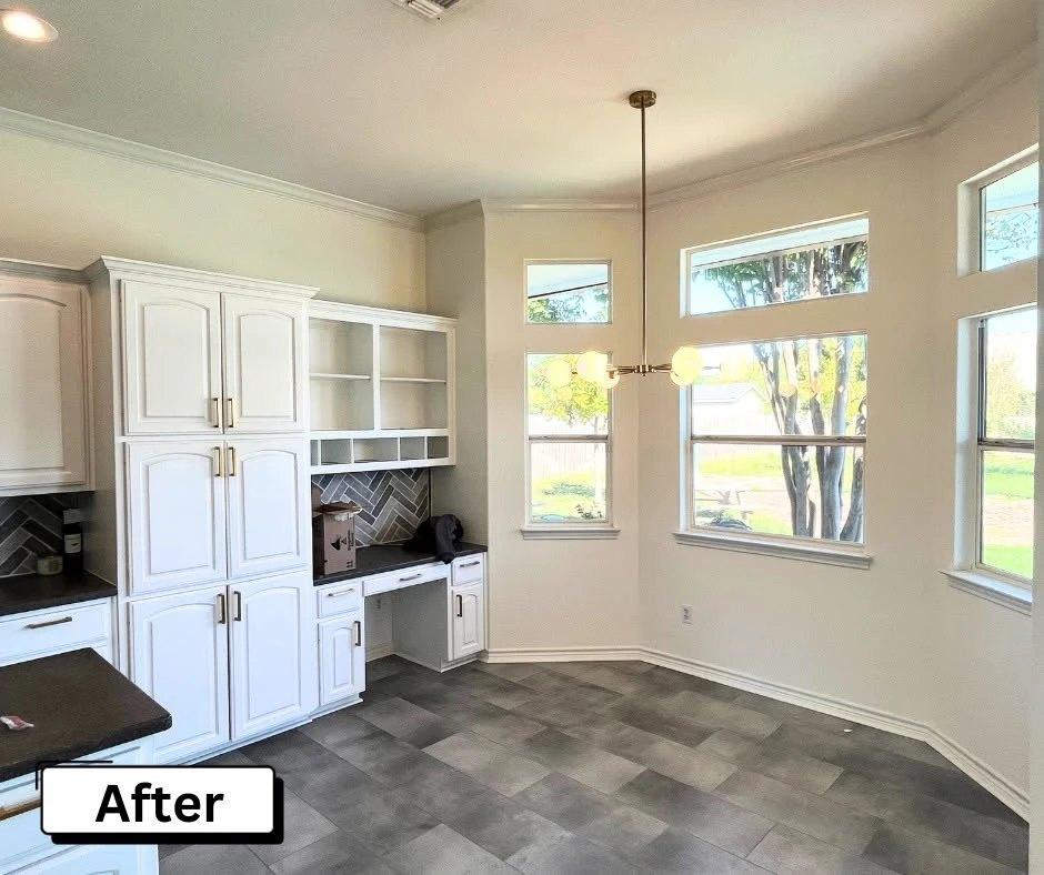 After — breakfast area with large-format tile, white walls, and new pendant light, Belton TX