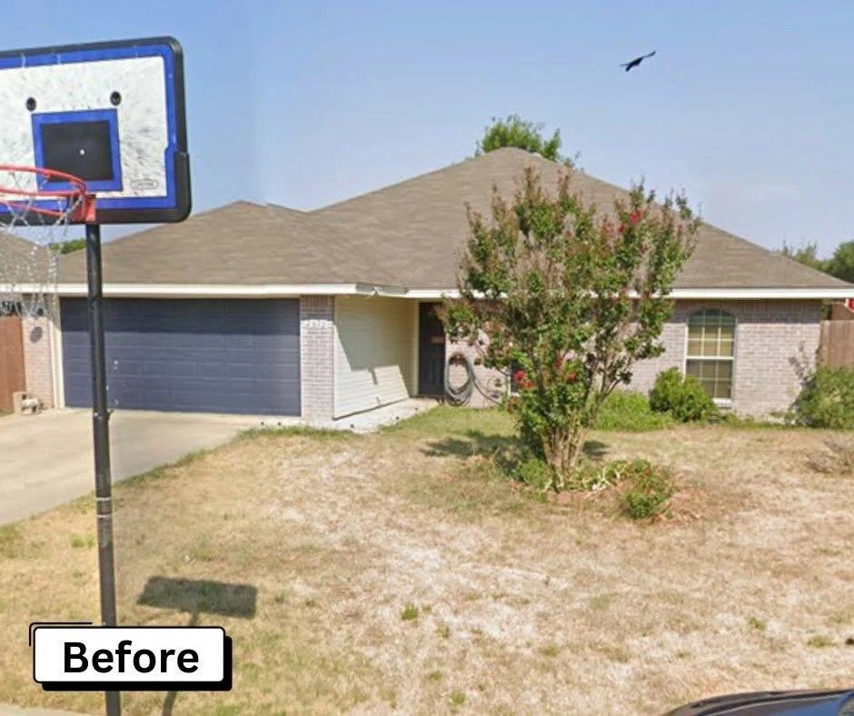 Before — tan brick ranch with a worn roof and dead lawn, Temple TX